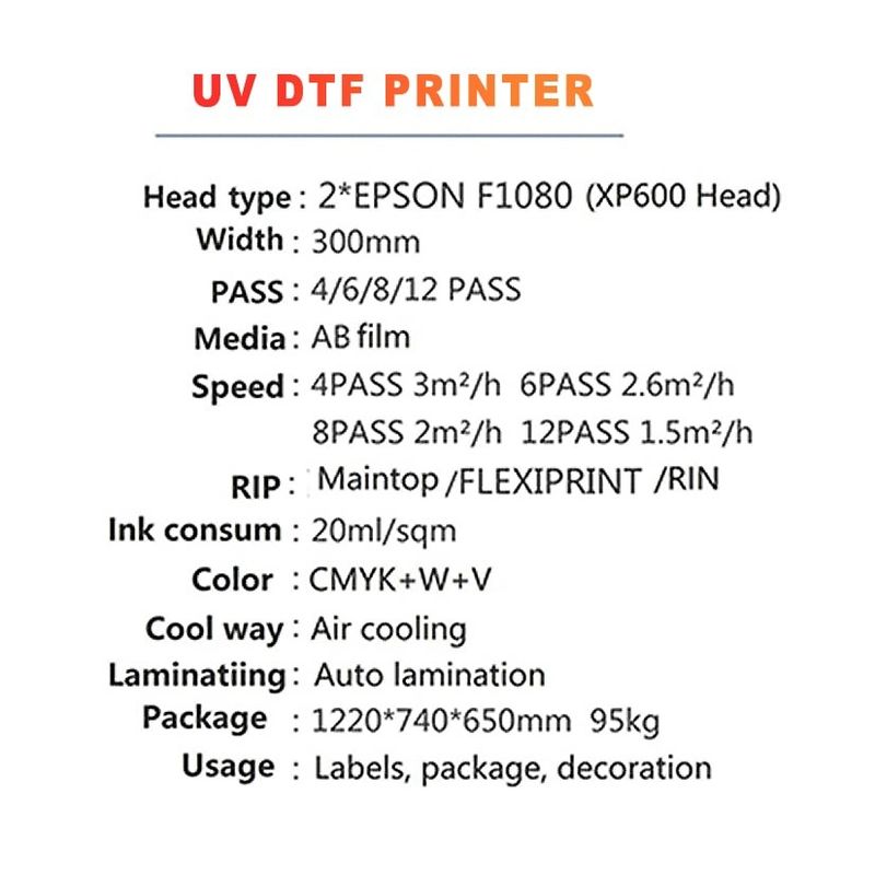 เครื่องพิมพ์ UV DTF หน้ากว้าง 300 มิลลิเมตร ใช้หมึก 20 มิลลิล / ตารางเมตร สําหรับการพิมพ์ปริมาณสูง
